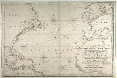 Eine Karte des Atlantischen oder Westlichen Ozeans, die die Route von Nelsons Flotte zeigt, 12. Mai-15. August 1805, 1807 von William Faden